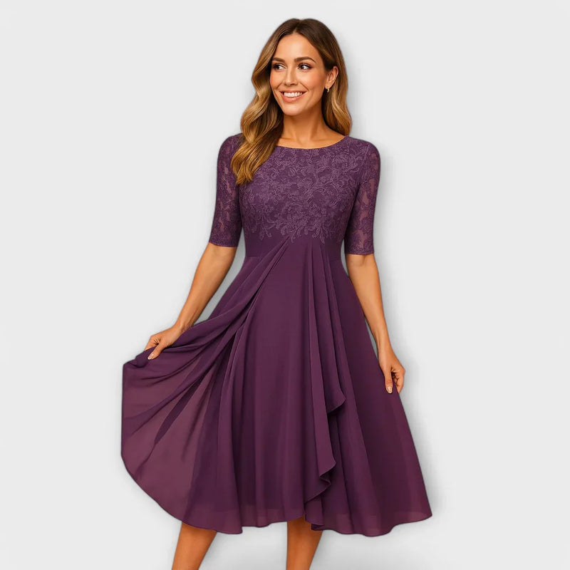 Jacinthe – Robe midi élégante à manches en dentelle